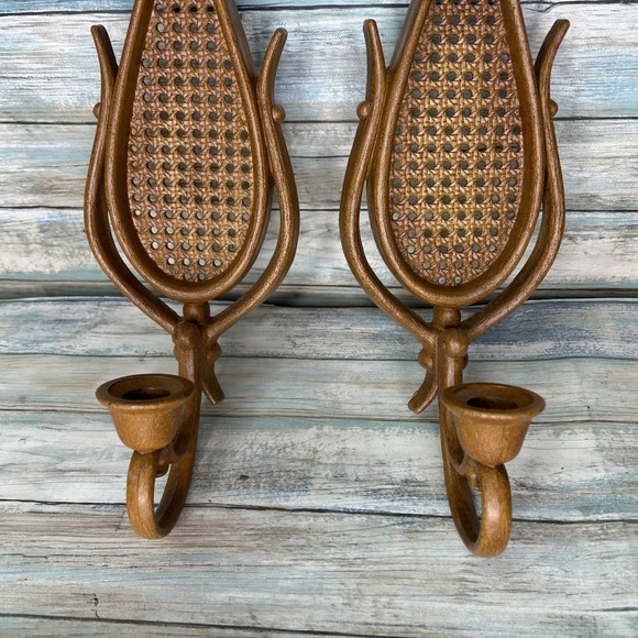 Homco Faux Rattan Wicker Teardrop Wall Sconce Candle Holders #4226 Boho Set - Picture 4 of 6
